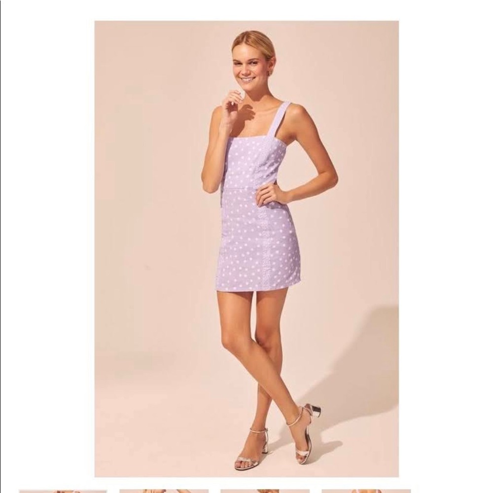 Mini purple polka dot square neck dress with side zip closure.